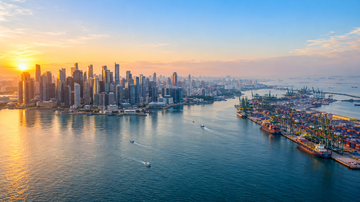 Aerial view at sunrise over a city waterfront and a busy container port, with ships heading out to sea
