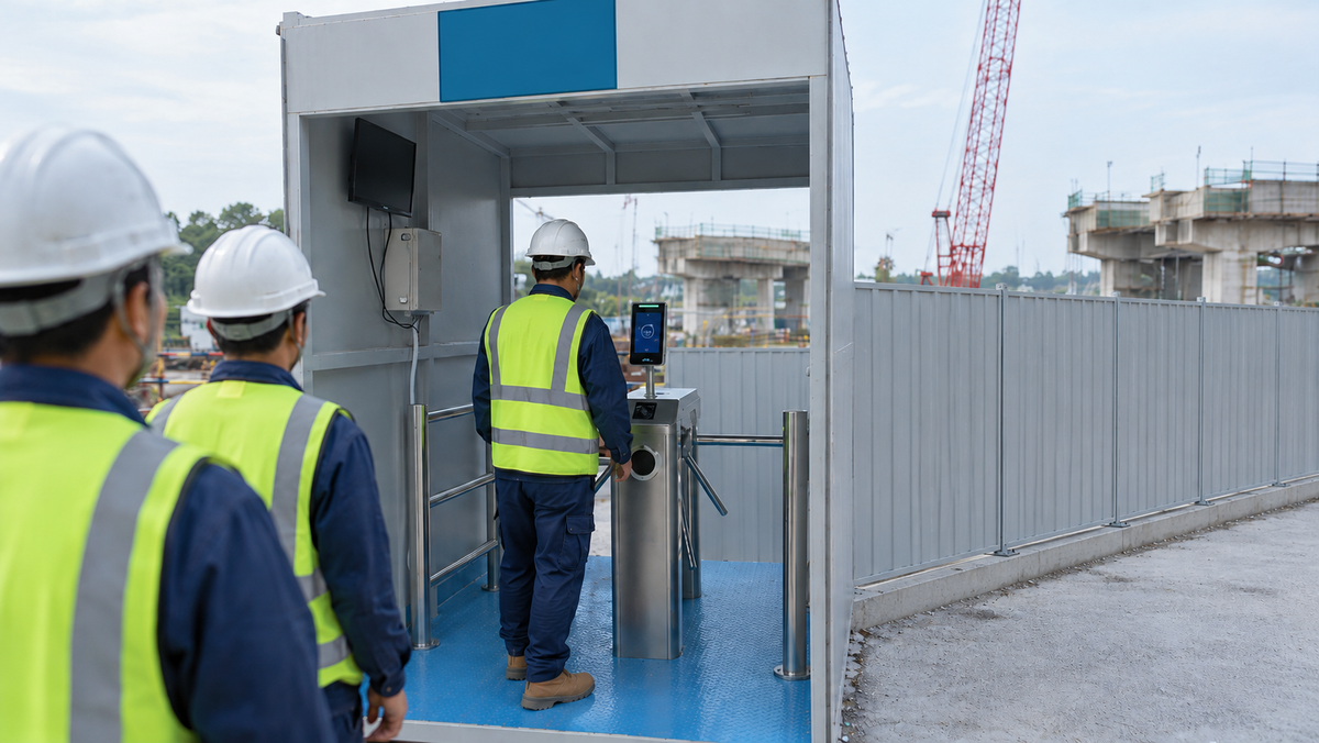 A construction worker passes a face-recognition reader at a tripod turnstile inside a site entry booth set into the perimeter hoarding, with colleagues queuing behind
