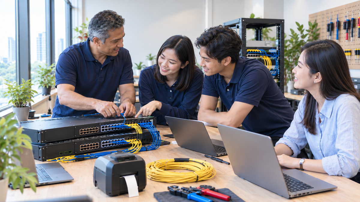Four engineers gather at a workbench in a bright staging room, a senior engineer showing colleagues how network switches are patched before deployment