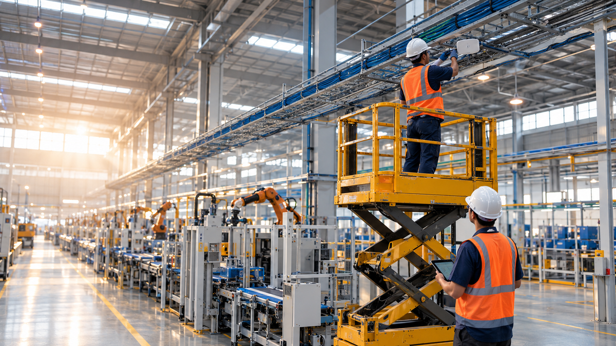 Two network engineers in hard hats route cabling along an overhead tray above an automated factory production line, one on a scissor lift, one checking a tablet