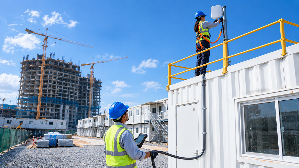 Two network engineers in hard hats and high-visibility vests install a wireless link on a mast above a site office at a high-rise construction site, one harnessed inside a guardrail, one with a signal meter below
