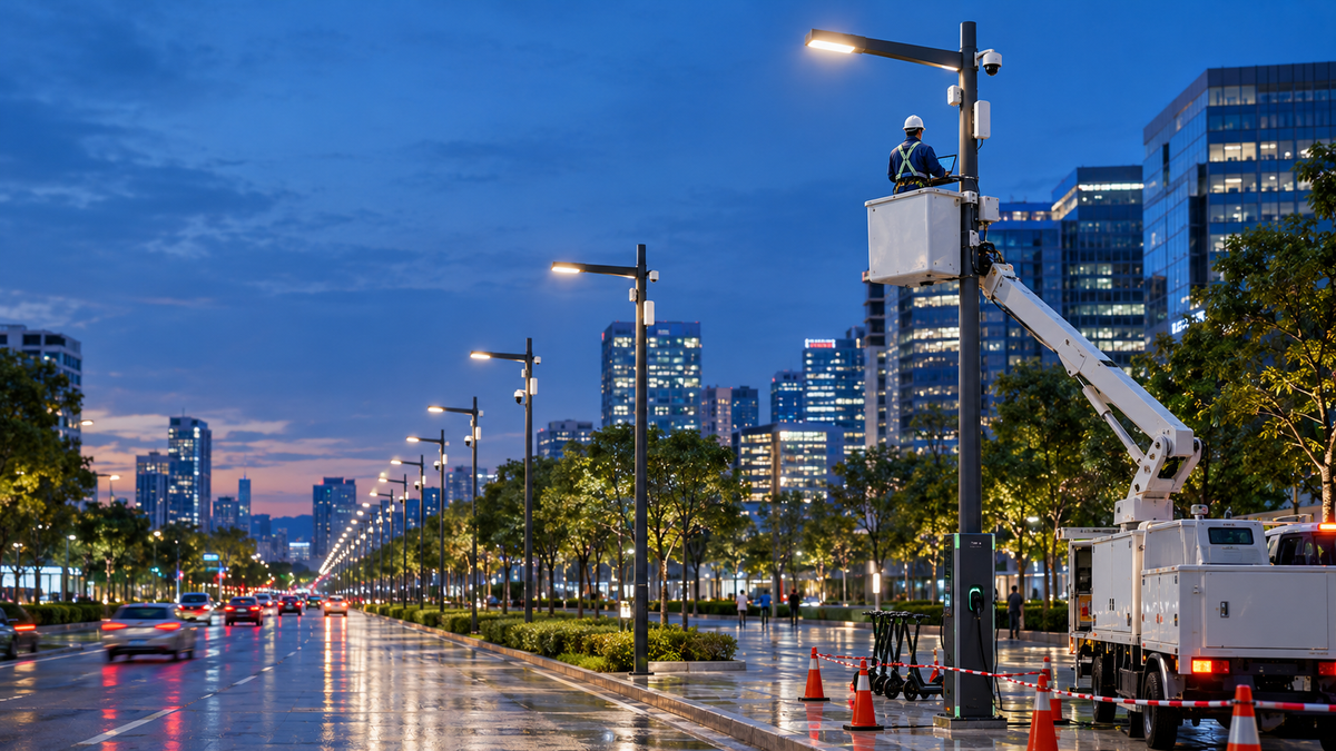 A technician in a harness configures a smart street-light pole from a bucket truck at dusk, on a city boulevard lined with connected light poles carrying sensors and cameras