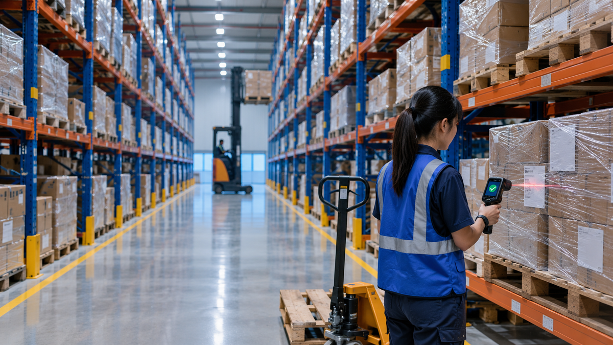A warehouse operative scans a pallet label with a handheld scanner in a long racking aisle while a reach truck lifts a pallet in the distance
